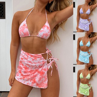 [Ladymiss] Women's Bikini Print Set Swimsuit Stitching Color Filled Bra Swimwear Beachwear