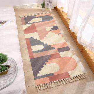 Hand Woven Tassel Bedside Rug Geometric Print Retro Bohemian Long Carpet Cotton Linen Floor Bath Pad Mat