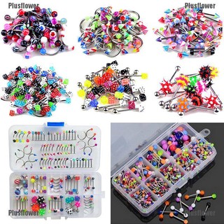 Plusflower 60Pcs Fashion Lots Mixed Lip Piercing Body Jewelry Barbell Rings Tongue Ring