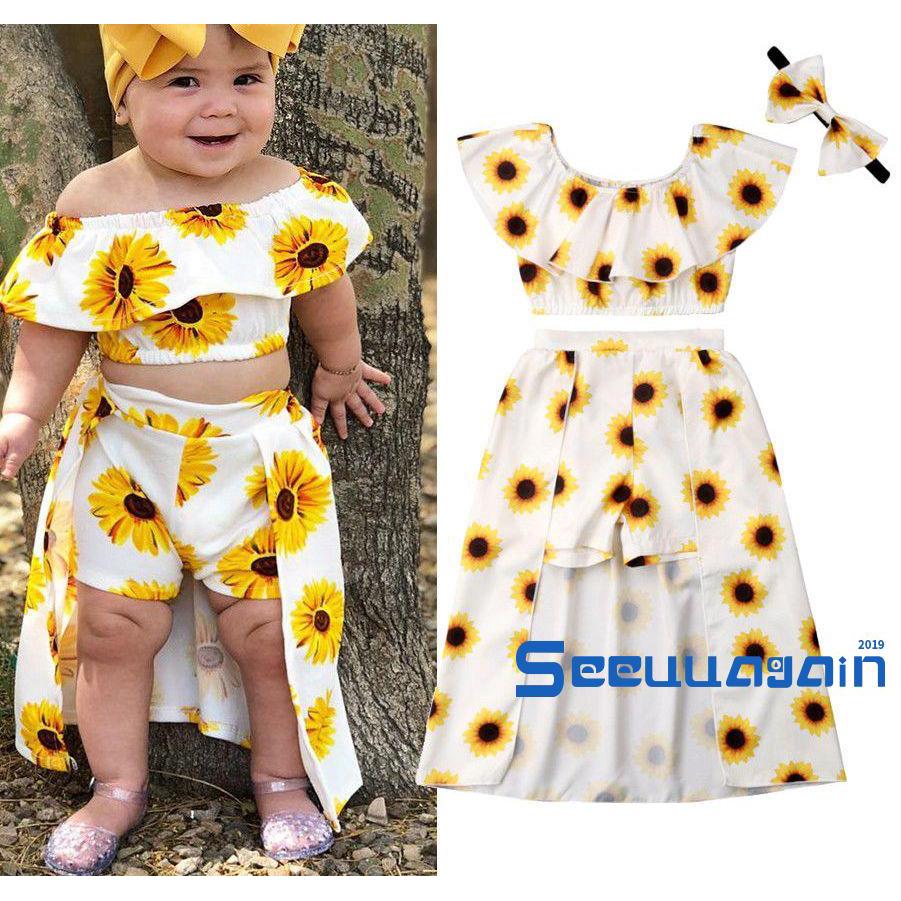 ❆☉❆2019 3PCS Infant Toddler Baby Girl Sunflower Crop Tops
