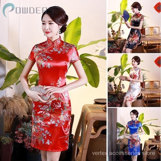 {Spot}Women's Short Sleeve Vintage Chinese styles Wedding Casual Stand Collar Dress lfyJ