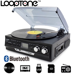 LoopTone 3-Speed Bluetooth Vinyl LP Record Player Turntable Built-in Speakers Gramophone AM/FM Radio