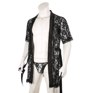 Man Mesh Bathrobe With Thong See-Though Design Lace Sheer Nightwear (1)