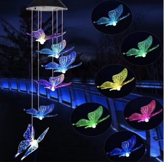 NEW! LED Solar Powered Butterfly Wind Chimes Lamp/ Outdoor Waterproof Garden Garland Hanging Lights /Color Changing Spiral Spinner