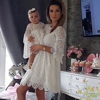 Family Matching Clothes Mother Daughter Dresses Women Floral Lace Dress Baby Girl Mini Dress