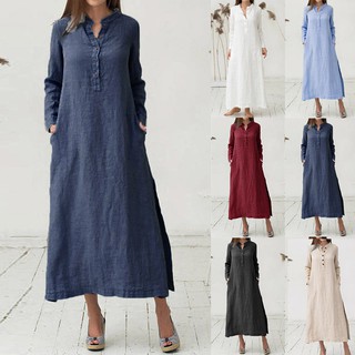 Women Kaftan Cotton Long Sleeve Plain Casaul Oversize Shirt Dress Plus