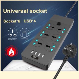 3000W Power Strip Surge Protector Universal Socket Plug with 4 USB Ports 6 AC Outlet 2 Meter Long Extension Cord Overload Protection Switch Control Multifunctional Power Adapter