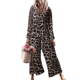 Celmia Womens Leopard Print Casual Loose Long Sleeve Wide Leg Jumpsuit