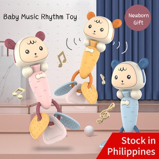 Newborn Baby Cartoon Musical Toys Infant Early Learning Hand Bell with Teether Light & Music Toddler Rattle Teethers New Born Educational Rhythm Melody Rattles for Babygirl Babyboy Babytoys Birthday Gifts Boys Girls