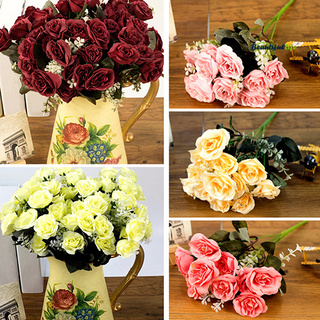 <Artificial flower> 12 Head Artificial Fake Rose Flower Wedding Party Bridal Bouquet Home Room Decor