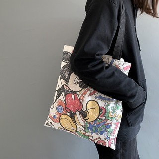 Canvas bag New Korean female canvas shoulder bag female shoulder bag in cute cartoon fashion trend printed with the image of Mickey, a student, female canvas bag