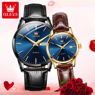 OLEVS Couple Watches Original Brands Luxury Clock Leather Watch Water Resistant Luminous Dual Calendar Fashion Watch For Couple With Box