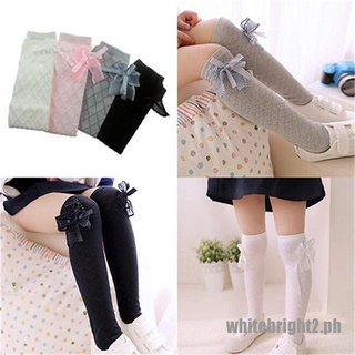 {white} Girl Classic Kids Cotton Socks Tights School High Knee Gridding Bow Stockings
