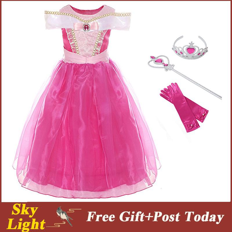 Princess Aurora Dress for Girls Cosplay Costumes Kids Pink Halloween Party Clothes Sleeping Beauty