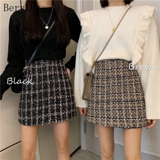 Korean High Waist Slim Skirt Retro Plaid Mini Skirt For Women Tweed Skirt (1)