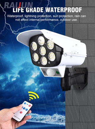 【Ready Stock】 Solar Light Motion Sensor Security Dummy Camera Remote Wireless Outdoor Flood Light IP66 Waterproof 77 LED Wall Lamp 【Rauun】