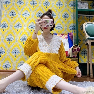 Panties✟✱∋pinkgrape autumn and winter ladies Korean version of coral flannel pajamas princess palace