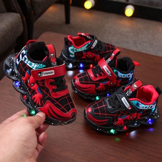 Children Boy's Shoes Spiderman Casual Shoes Fashionable LED Light Net Breathable Soft Running Sports Walking Shoes 1-6 Years Old