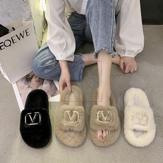 【Available】Vlogo Rabbit fur slippers, cotton slippers fur slippers, female outer wear, flat indoor f