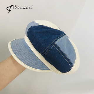 Fibonacci New Fashion Hats For Women Beret Spring Summer Octagonal Cap Denim Patchwork Retro Visor