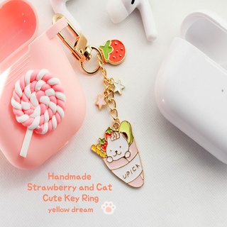 Yellow dream/ Handmade strawberry and cat key chain/ Cute key ring/ Accessory/ Jewelry/ Korean design/ key chain/ key ring (4)