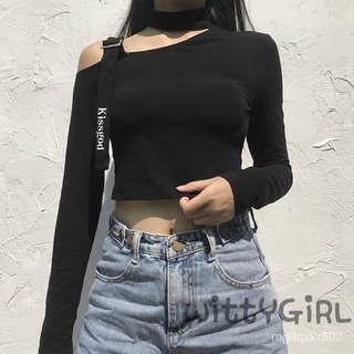 DtUv W✧✧Women Inclined Shoulder T-shirt Long Sleeve Round Neck Crop Top Hollow-out Letter Print Unde