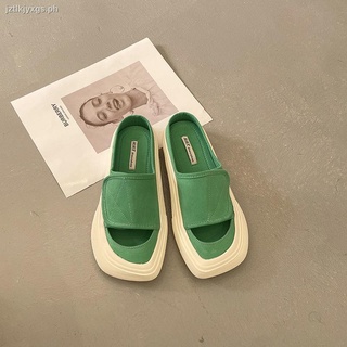 □❀High-quality flat canvas shoes women s summer sandals Korean version of square head one pedal lazy Baotou half drag outer shoes (7)