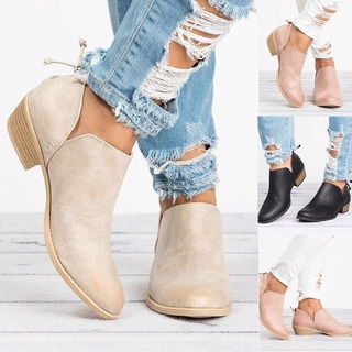 women boots❂❇Women Solid Leather Ankle Boots Shoes Cut-out Low Chunky Heel Round Toe shoes