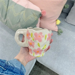 Ceramic Mug Ins Hand-squeezed Irregular Hand-painted Flowers Breakfast Milk Tea Coffee Breakfast Cup Birthday Gift
