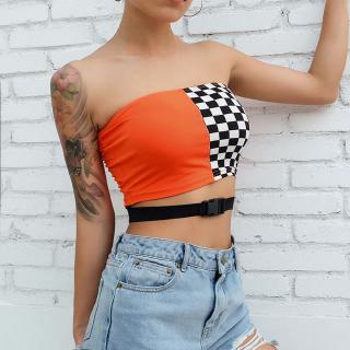 SweetyGirl Patchwork Checkerboard Strapless Casual Checkered Crop Tops Women Streetwear Bandeau Boob Tube