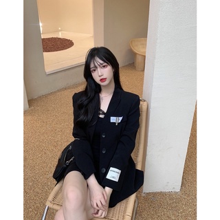 Long Waist Suit Jacket Long Sleeve Black Sexy Loose Tops Stitching Suit Coat
