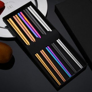 High-end new product chopsticks alloy chopsticks family set chopsticks student safety chopsticks 304 stainless steel chopsticks gold-plated colorful black full square non-slip hotel gift chopsticks set [order with gifts]