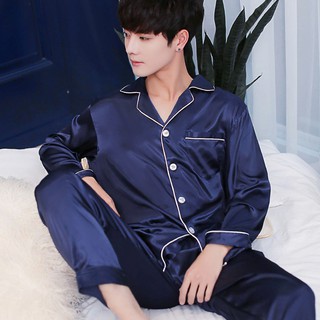 Men Silk Satin Pajama Sets Long Sleeve Sleepwear Homewear