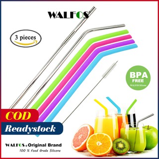 Walfos 3 Pcs. Reusable Silicone Drinking Straws Flexible Food Grade Stainless Steel