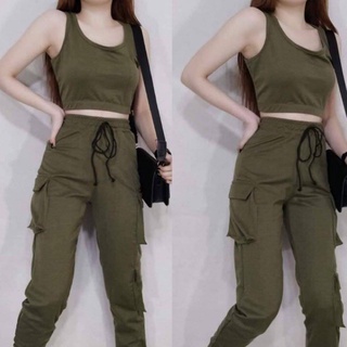 『ES』TRACY Terno Set Crop Top and Jogger Pants Cargo Pants for Women