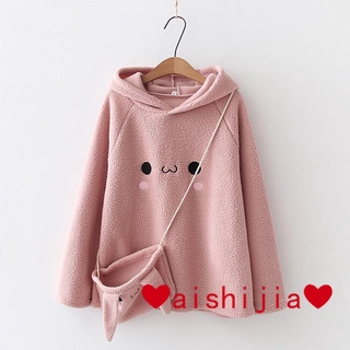 readystock ❤ aishijia ❤【110--160】Middle and Big Children's Japanese Cute Long Rabbit Ears Lambswool Hooded Pullover Girls' Autumn and Winter Primary School Students' Tops (4)