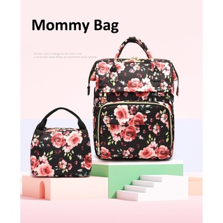 AUGUR Black Floral Fabric Notebook Backpack Portable Waterproof Mother Baby Bag Insulation Meal Bag
