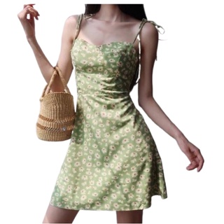 ☁women ladies sexy casual Korean Floral Spaghetti SelfTie Knot Strap Floral Summer Dress A-Line Skat