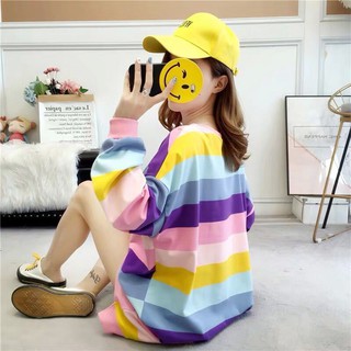 Women Print Long Sleeves Hoodie Sweatshirt Pullover Pullover Velvet/No Velvet-Medium-length rainbow