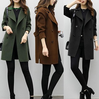Green❥ Women Autumn Winter Solid Color Lapel Double-breasted Woolen Midi Trench Coat (1)