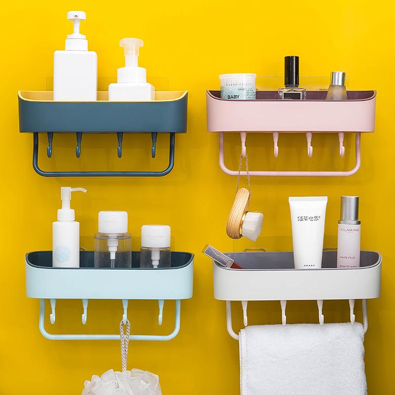 Bathroom Shelf Organizer with Towel Rack Shower Kitchen Rack Storage Wall Mounted with Hook No Trace
