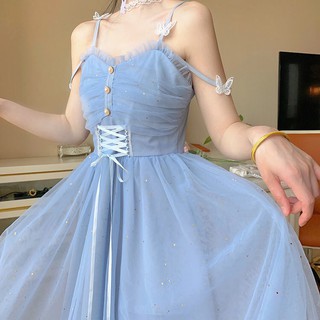 Summer French Style Fairy Butterfly Lace-up Waist-Controlled Sling Mid-Length Shiny Mesh Fairy Dress
