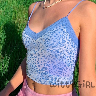 W✧✧Women´s Summer Sexy V-neck Lace Sleeveless Crop Tops Leopard Camisole
