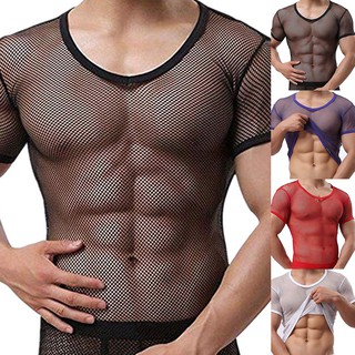 【sale】 Sexy Men Mesh See Through T-Shirt Fishnet Clubwear Short Sleeve Top Undershirt V19