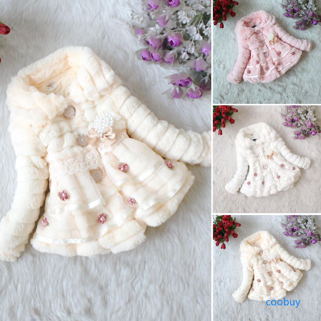 Kids Girls Baby Fleece Faux Fur Coat Winter Warmer Soft Button Long Sleeve