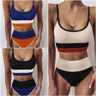 Women Swimsuit Striped Mixed Color Sport Tank High Cut High Waist Bikini Bathing Suit