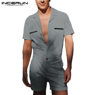 INCERUN Mens Fashion Buttons Up Short Sleeve Lapel Baggy Short Jumpsuit