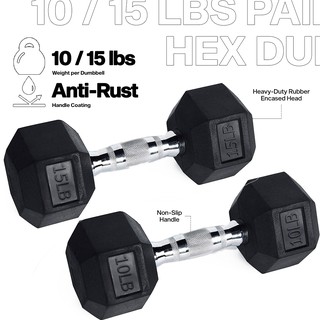 10 lbs / 15 lbs (PAIR / 2 PCS) Rubber Hex Dumbells
