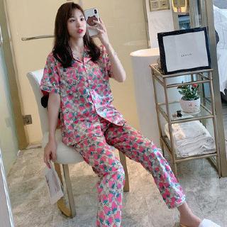 8 colors Korea women summer ice silk cute cartoon shirt and pants home service sleepwear set 2 piece (9)