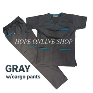 scrub suit set Gray w/ aqua blue piping cargo pants(unisex)